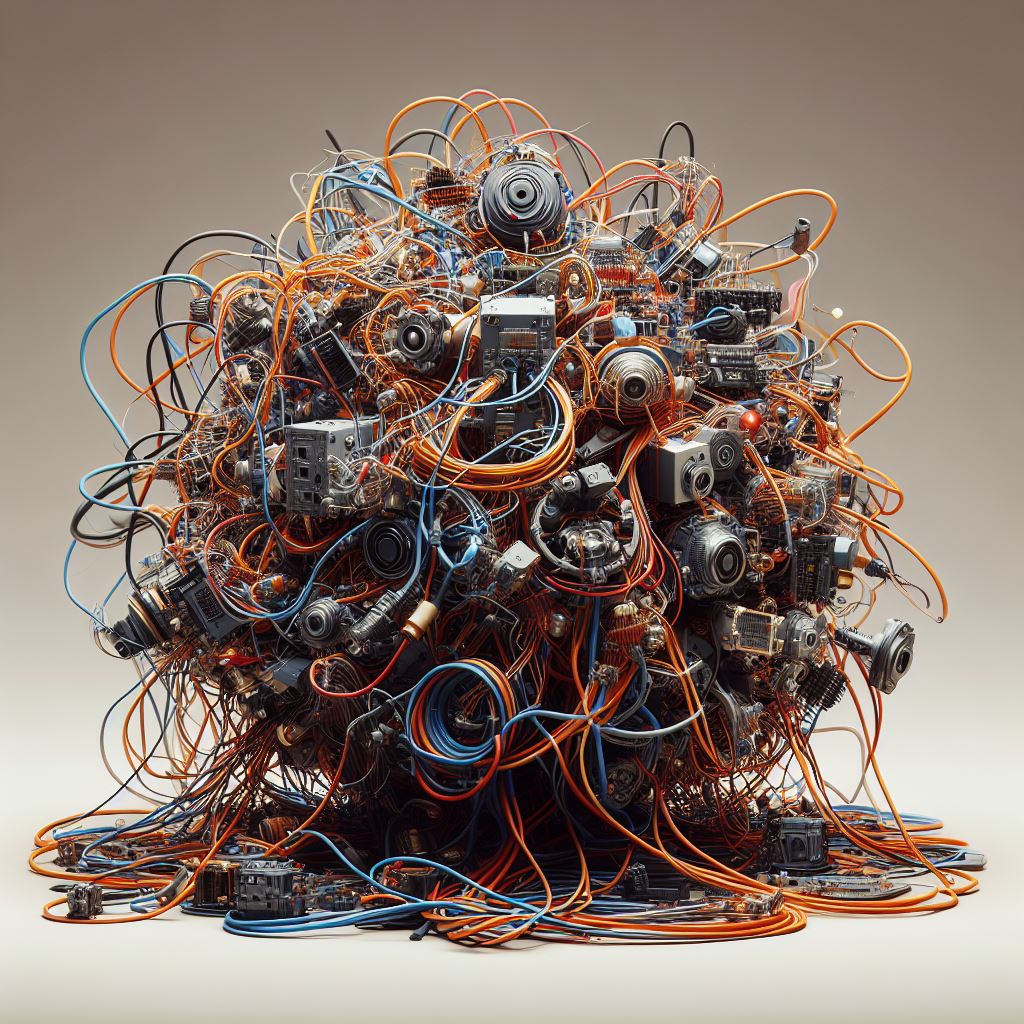 Technical Challenges: A jumbled mess of wires and circuit boards representing the complexity of miniaturizing AR/MR technology.