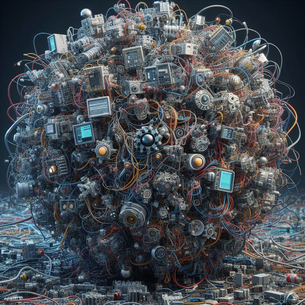 Technical Challenges: A jumbled mess of wires and circuit boards representing the complexity of miniaturizing AR/MR technology.
