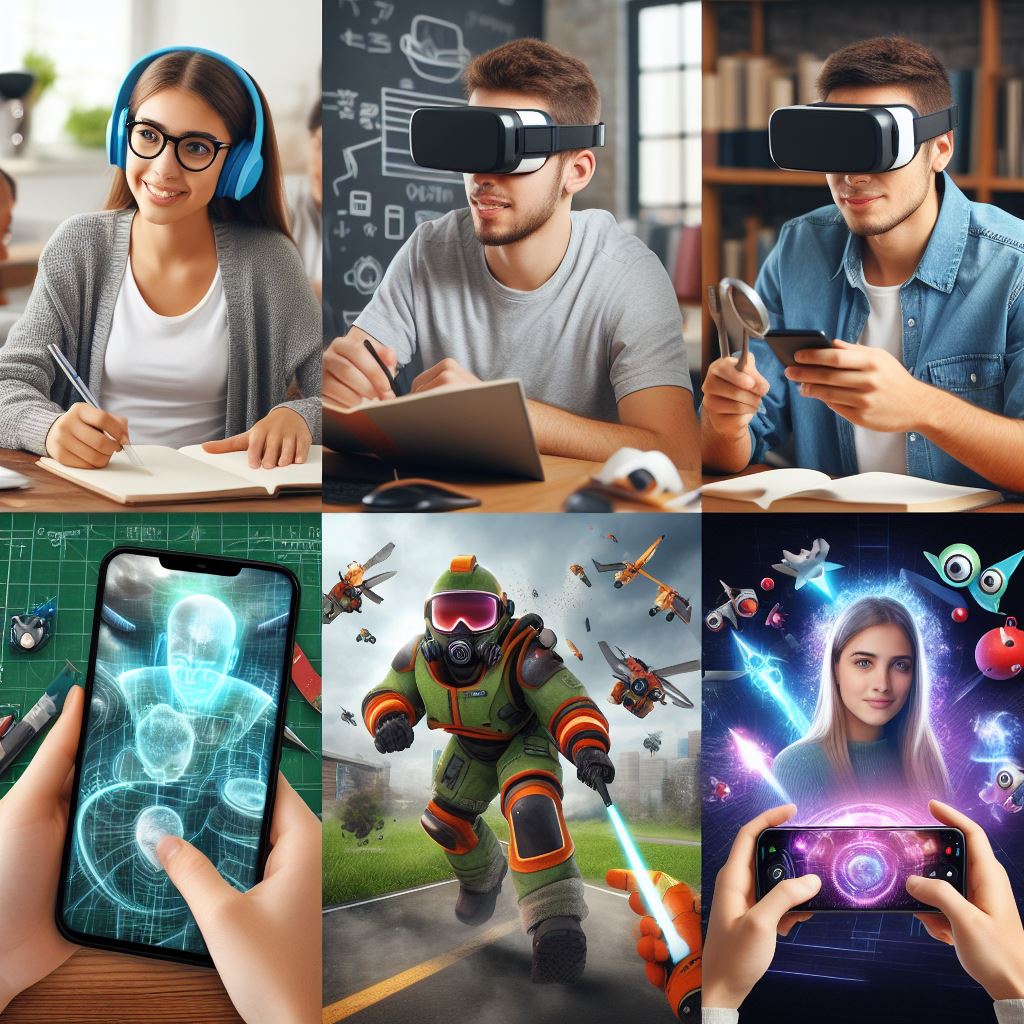 People from different backgrounds using AR glasses: a student in virtual learning, a worker with repair instructions, and a gamer in an augmented reality world.