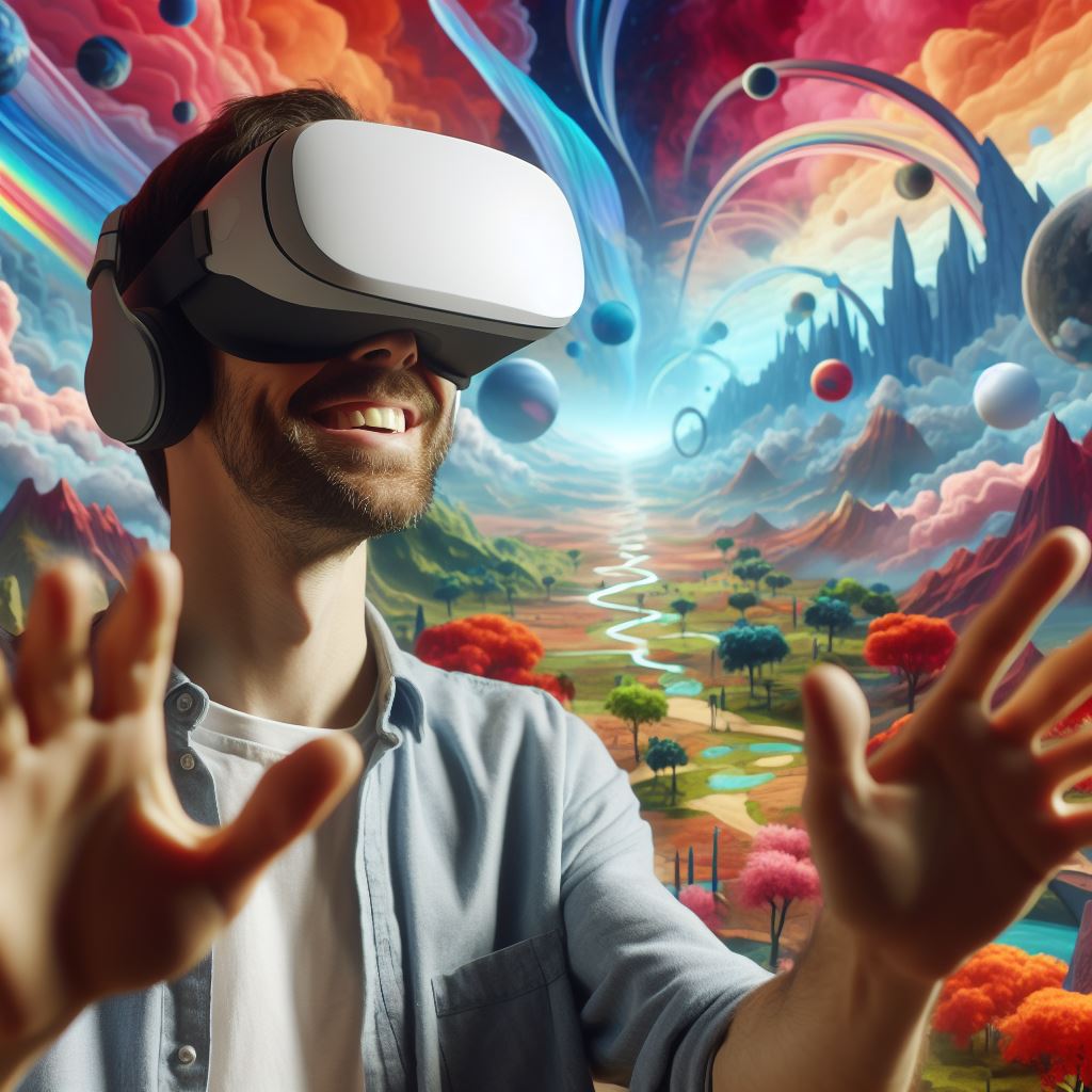 Person wearing a Meta Quest 2 VR headset, exploring a vibrant virtual world.