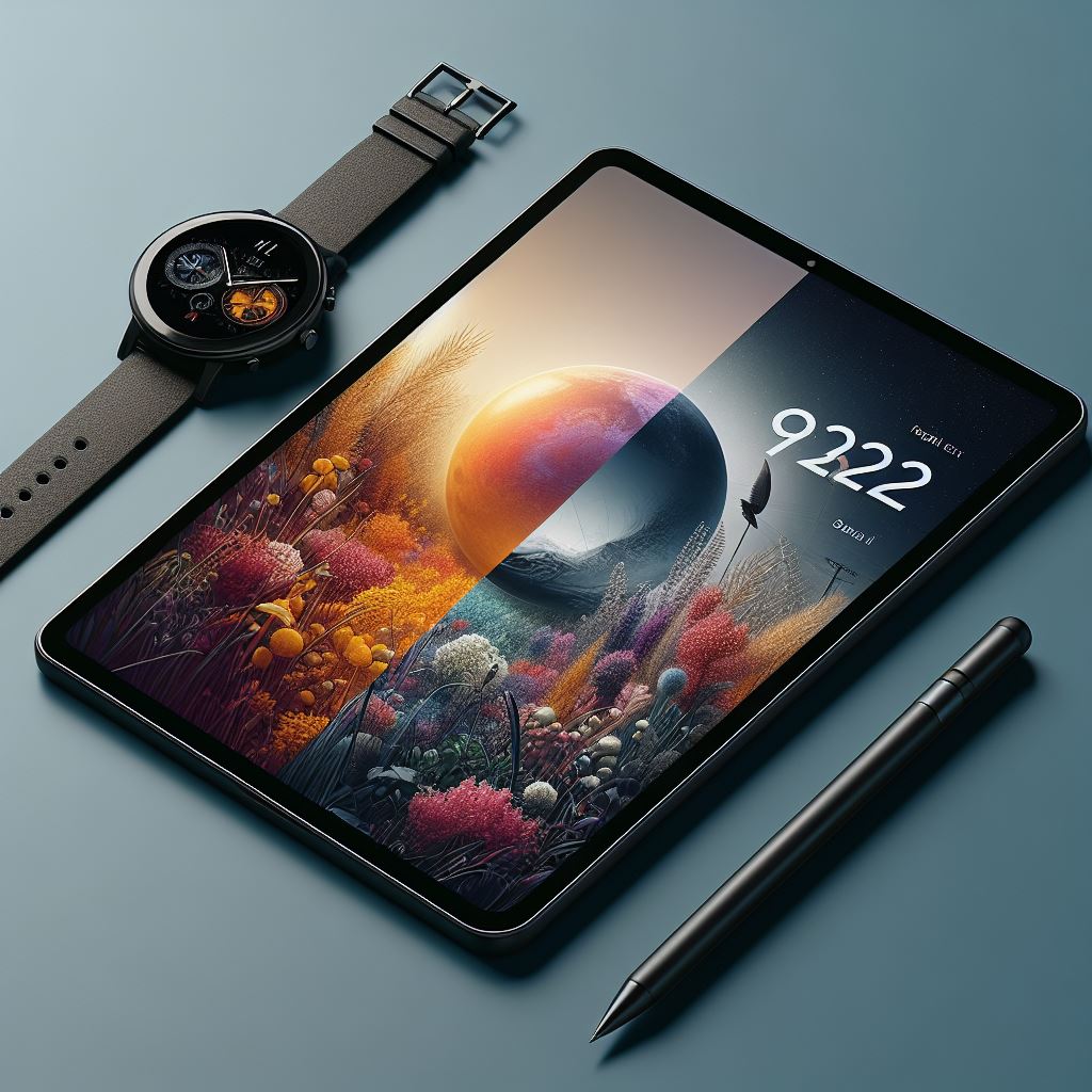 One side shows a high-resolution Android tablet with a slim bezel and a vibrant display. A user's hand holds a stylus near the screen. The other side displays a minimalist smartwatch with a round watch face and a thin, comfortable-looking band. Both devices appear sleek and stylish.